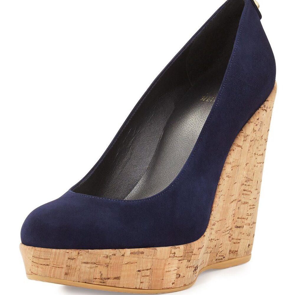 Stuart Weitzman Corkswoon Navy Blue Suede Platform Wedge
